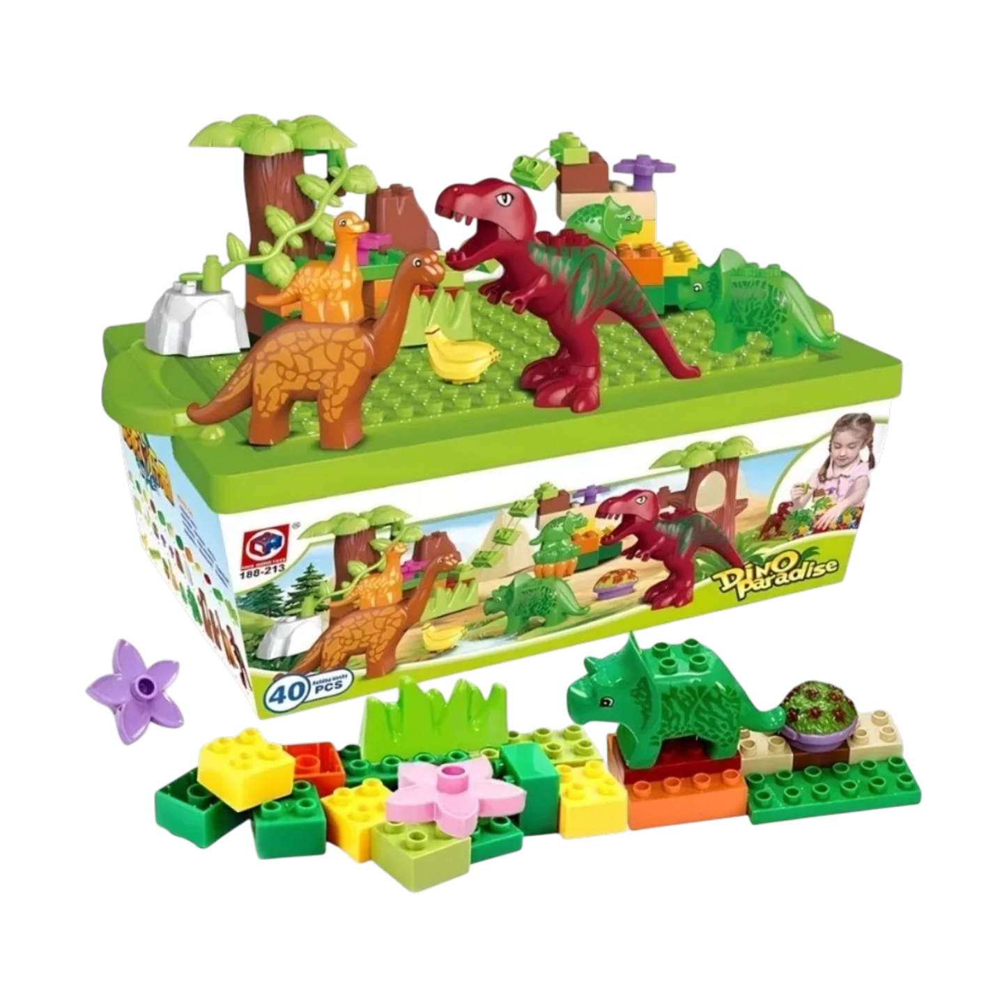 Dino Paradise Bausteine-Set | 40-teiliges Dinosaurier-Spielzeug mit Noppen-Aufbewahrungsbox
